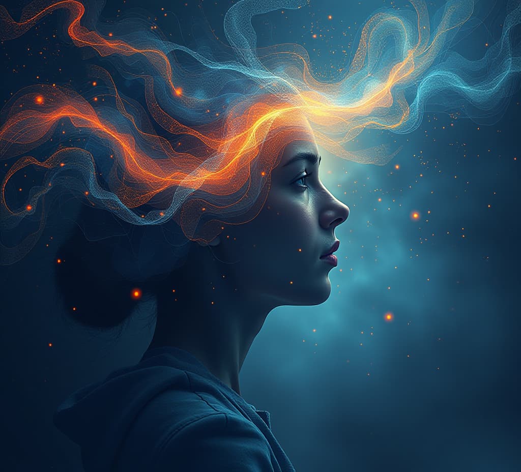  abstract illustration concept representing mental wellbeing mindfulness depression and anxiety, mental illness portrait, psychic waves