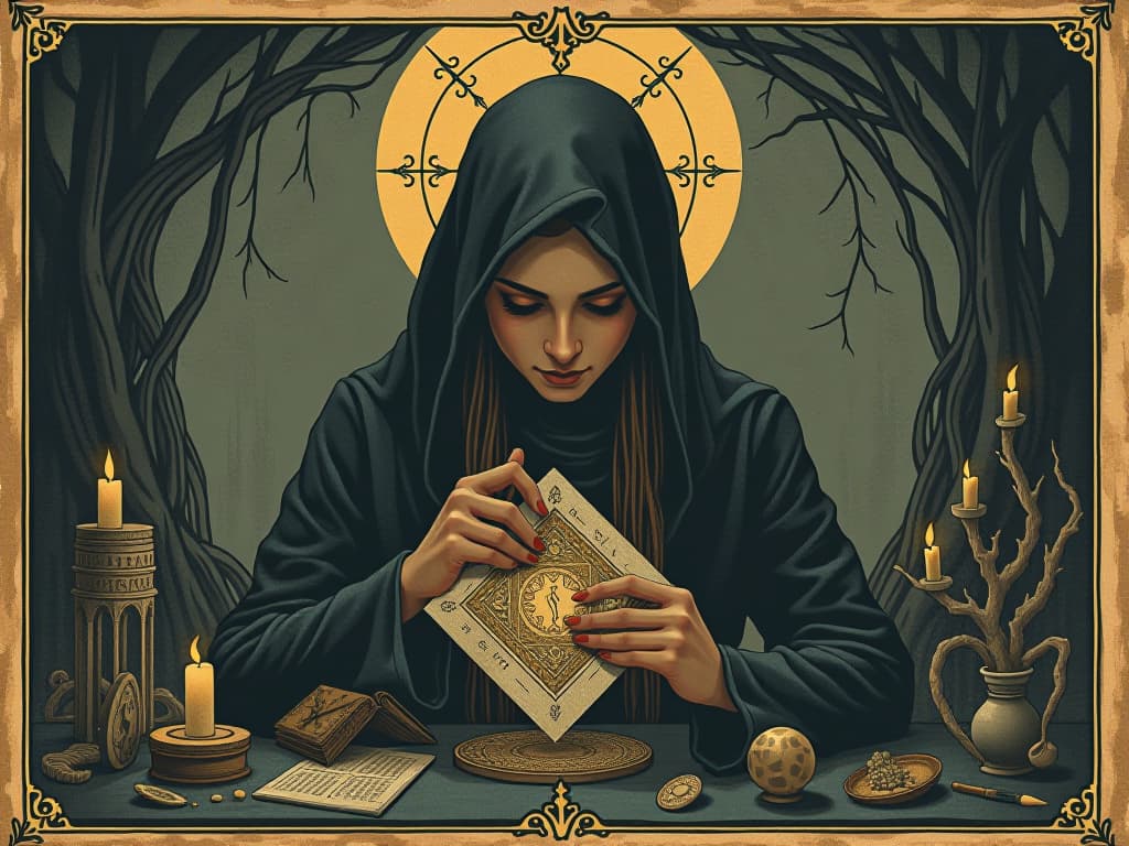  person decoding symbols, integrating meanings, ethereal vibe, mystical surroundings. an illustration in the style of a worn, mystical old tarot trump card, mysterious and elements of surrealism. the colors are muted, somber and eerie, but with contrast bring out an occult and esoteric vibe.