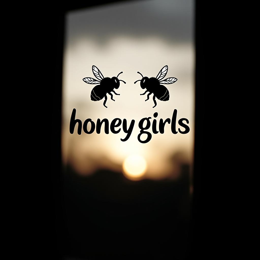  two bees are flying around the inscription "honey girls" on a black and white background at sunset in the shadow of a window.