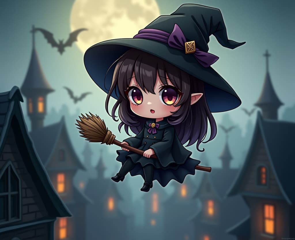  gothic style little chibi witch child (close up full length), flies sitting on a broom over the roofs of houses, she has charming eyes, through her parted lips you can see her tongue. chibi art style, . dark, mysterious, haunting, dramatic, ornate, detailed hyperrealistic, full body, detailed clothing, highly detailed, cinematic lighting, stunningly beautiful, intricate, sharp focus, f/1. 8, 85mm, (centered image composition), (professionally color graded), ((bright soft diffused light)), volumetric fog, trending on instagram, trending on tumblr, HDR 4K, 8K