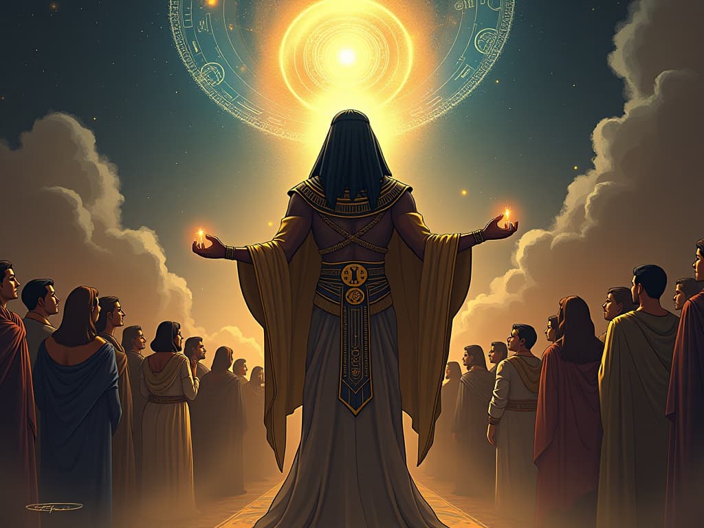  a mystical leader in ancient egyptian attire, standing before an adoring crowd, divine symbols floating in the air, aura of inspiration and leadership. the style is digital art illustration / modern comic book / mysterious occult, symbolic, esoteric vibe,high detail on character design, incorporating ancient egyptian symbology and attire.