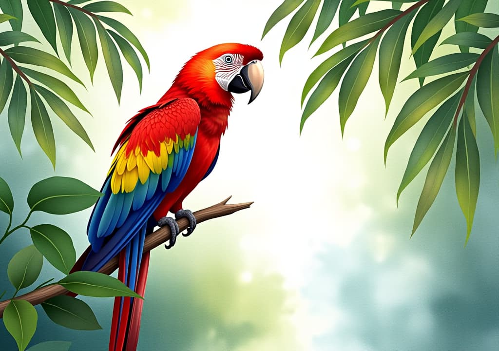  scarlet macaw parrot perched on branch with lush tropical jungle foliage watercolor painting