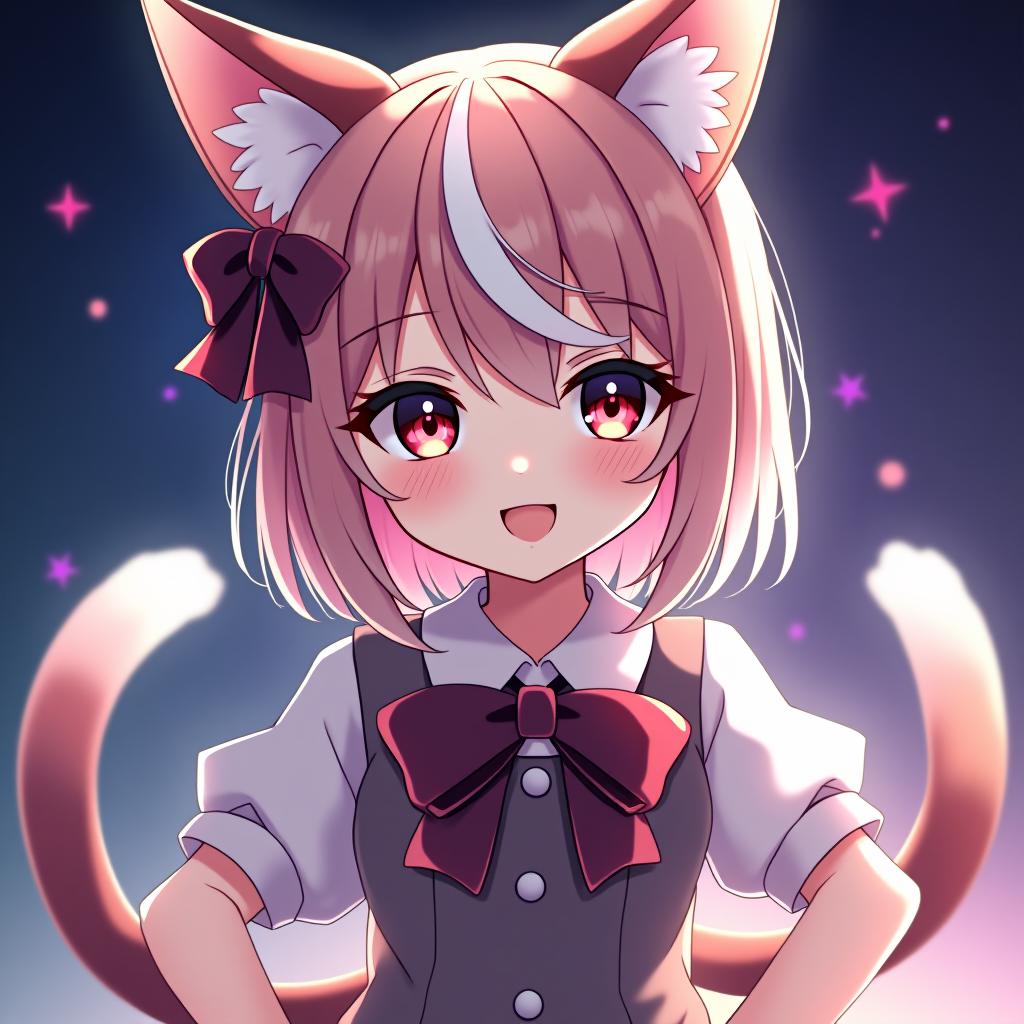  girl, cat, asymmetrical hair, curtained hair, crossed bangs, multicolored hair, hair bow, star shaped pupils, eye reflection, red eyes, longeyelashes, colored eyelashes, cat ears, light smile, shy, smile, fangs, ear blush, gazing into the distance, hands on hips confident stance, space, multiple views, sparkle, glowing light, reflection light, bloom, romanticism, anime, futurism, surrealism, chromatic aberration, best quality, anatomically correct, award winning, professional, highly detailed, masterpiece