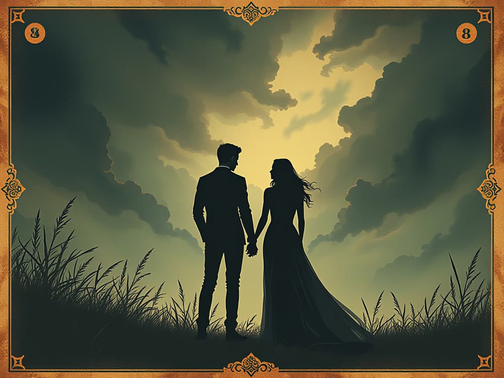  a couple standing apart, one holding out a hand, background of a stormy sky, atmosphere of hesitation, underlying conditions. an illustration in the style of a worn, mystical old tarot trump card, mysterious and elements of surrealism. the colors are muted, somber and eerie, but with contrast bring out an occult and esoteric vibe.