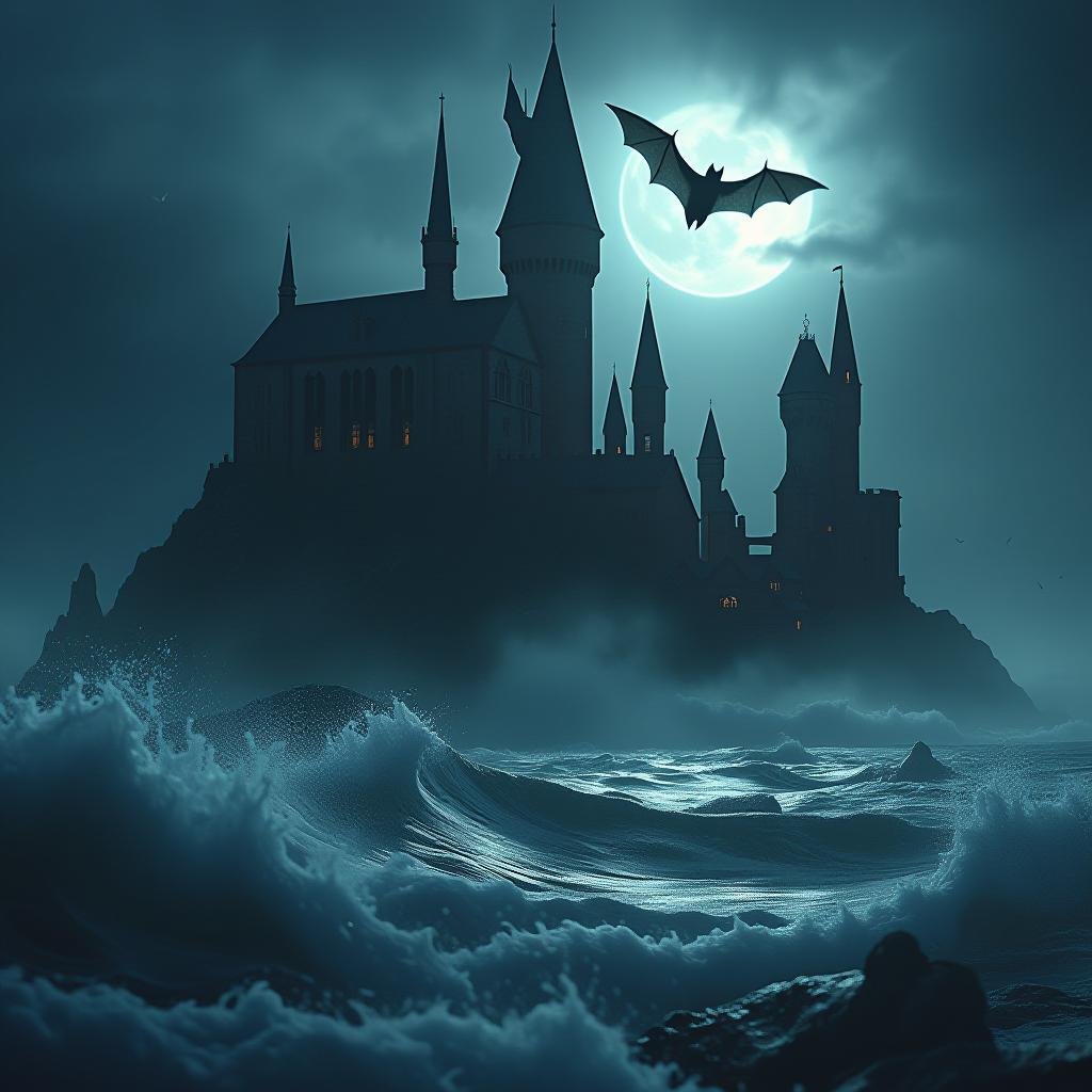  night, a castle, waves, and a bat flying out of the castle. hyperrealistic, full body, detailed clothing, highly detailed, cinematic lighting, stunningly beautiful, intricate, sharp focus, f/1. 8, 85mm, (centered image composition), (professionally color graded), ((bright soft diffused light)), volumetric fog, trending on instagram, trending on tumblr, HDR 4K, 8K