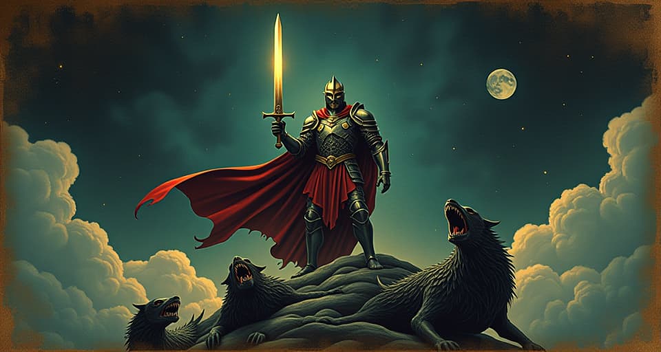  armored warrior with a shining sword, victorious stance atop defeated dark creatures, night sky filled with stars, triumphant, intense. an illustration in the style of a worn, mystical old tarot trump card, mysterious and elements of surrealism. the colors are muted, somber and eerie, but with contrast bring out an occult and esoteric vibe.