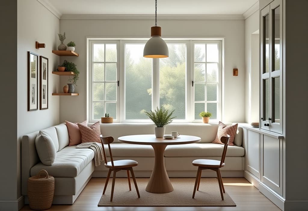  a landscape photo of a cozy white kitchen nook with a built in bench, floating shelves, and pendant lighting, captured from a corner perspective hyperrealistic, full body, detailed clothing, highly detailed, cinematic lighting, stunningly beautiful, intricate, sharp focus, f/1. 8, 85mm, (centered image composition), (professionally color graded), ((bright soft diffused light)), volumetric fog, trending on instagram, trending on tumblr, HDR 4K, 8K