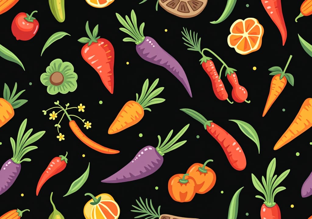  seamless pattern of stylized vegetables vector illustration on a black background.