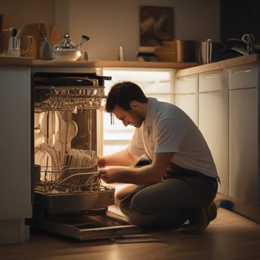 A photo of a skilled technician repairing a malfunctioning dishwasher in a cozy kitchen during the early evening with warm and inviting ambient lighting.