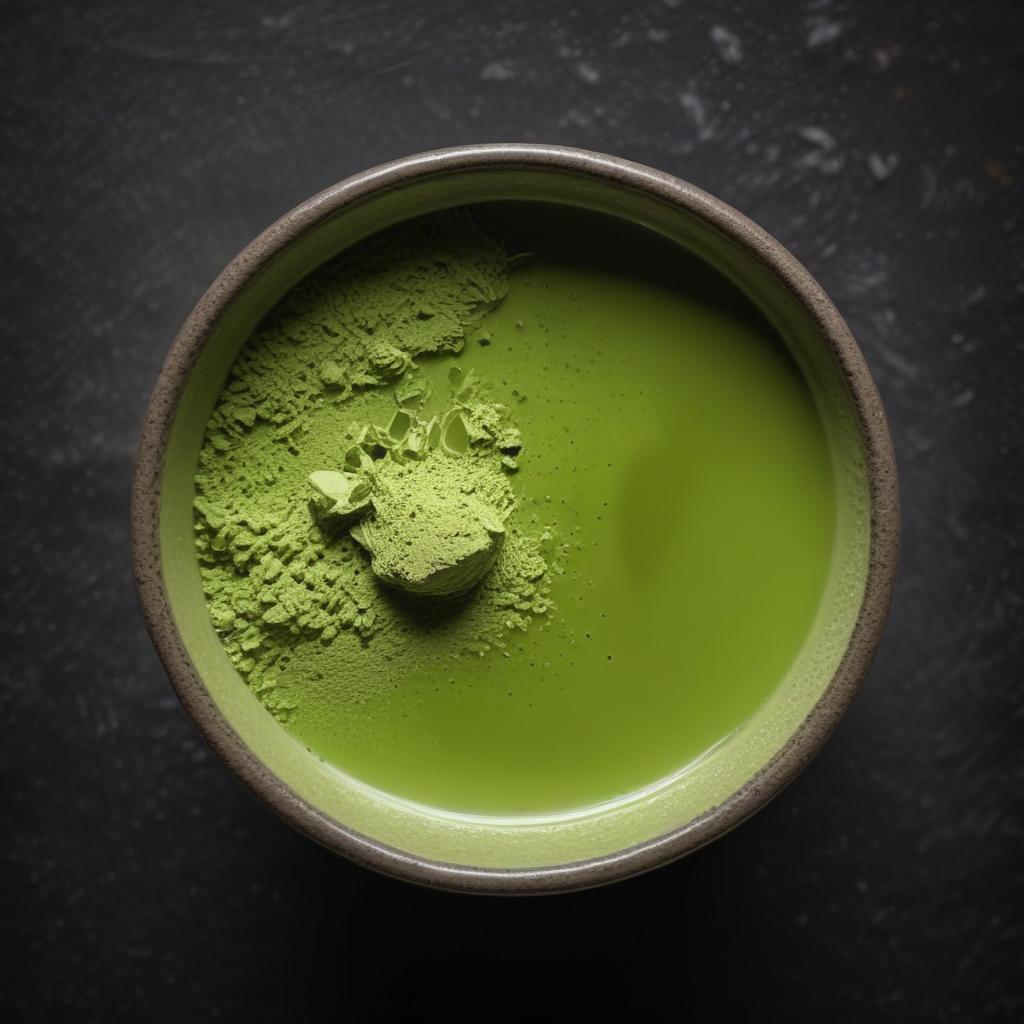 Top view of green matcha tea drink in a cup and scattered finely ground matcha tea powder around the cup on the surface against a black background close up. high quality, detailed intricate insanely detailed, flattering light, RAW photo, photography, photorealistic, ultra detailed, depth of field, 8k resolution , detailed background, f1.4, sharpened focus