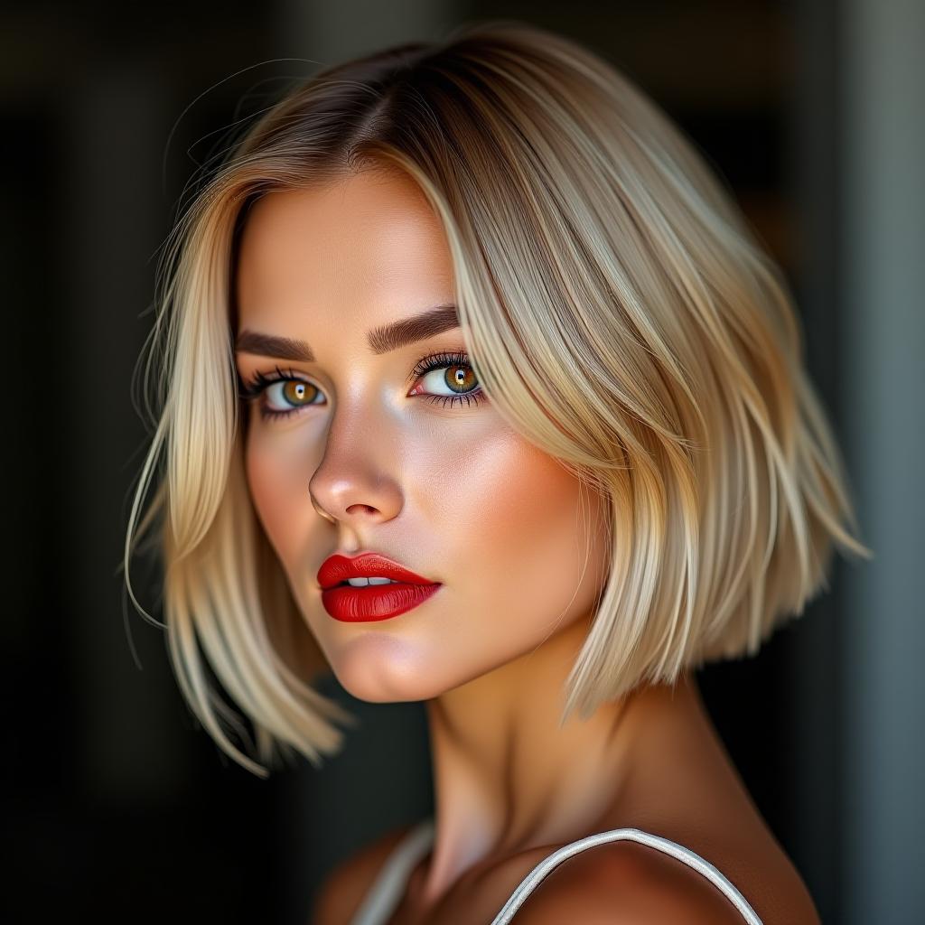  blonde bob cut woman with brown eyes and olive tan skin in albania wearing red lipstick