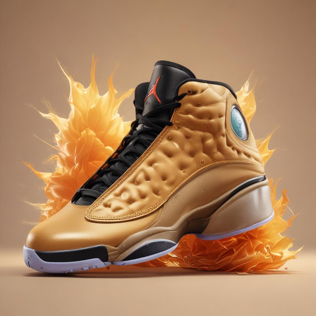 distance-shot, flashy, full-body, dynamic, holographic, animated cartoon poster of jordan 13 wheat shoes in the style of dragon ball super