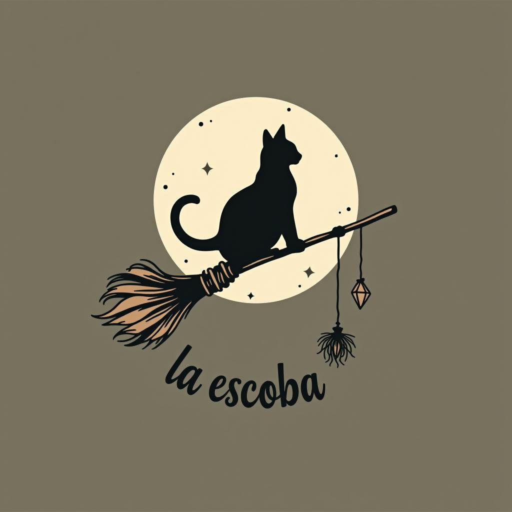  design a logo, in a minimalism style. witchy, moon, black cat silhouette riding on a broom, dried herbs hanging off broom, cottage core aesthetic, crystals,spells, with the text 'la escoba'.