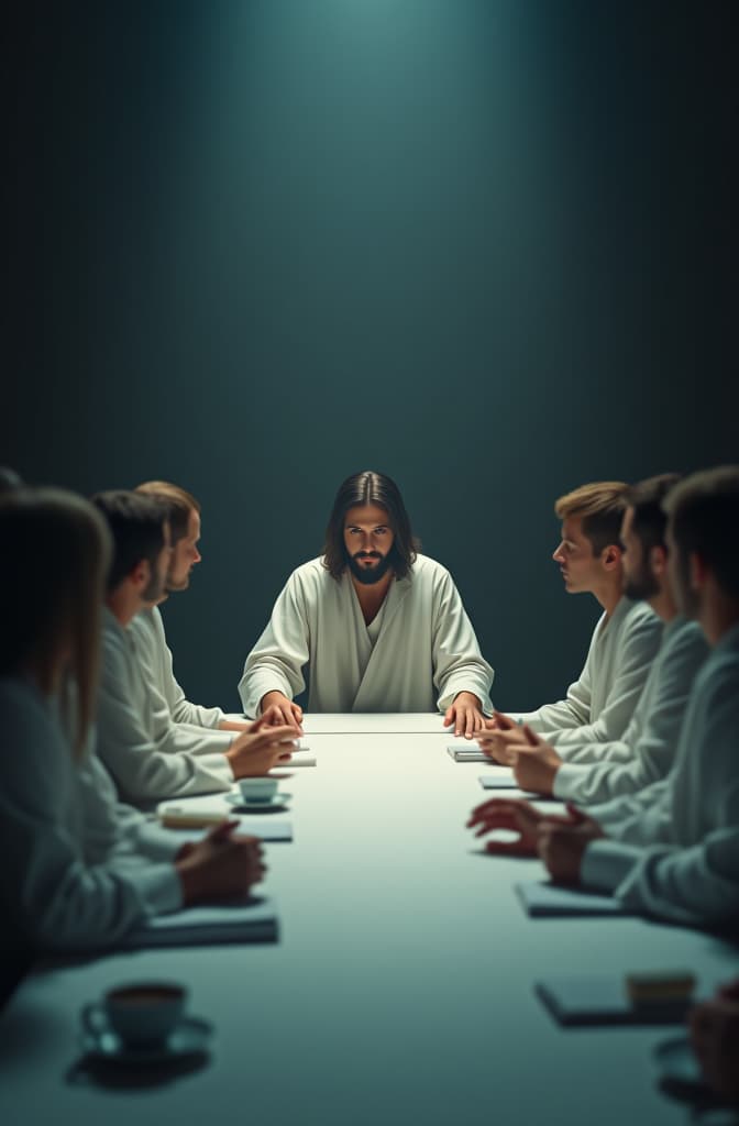  photo of jesus christ being examined by 12 psychiatrists sitting in a long table hyperrealistic, full body, detailed clothing, highly detailed, cinematic lighting, stunningly beautiful, intricate, sharp focus, f/1. 8, 85mm, (centered image composition), (professionally color graded), ((bright soft diffused light)), volumetric fog, trending on instagram, trending on tumblr, HDR 4K, 8K