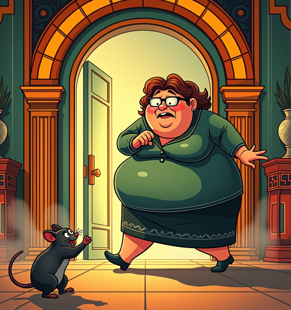  art deco style a humorous illustration depicting a frightened, overweight woman being chased by a mouse while a cat laughs in the background. exaggerated expressions and movements, bright colors, cartoon style, instagram and reddit trends. . geometric shapes, bold colors, luxurious, elegant, decorative, symmetrical, ornate, detailed hyperrealistic, full body, detailed clothing, highly detailed, cinematic lighting, stunningly beautiful, intricate, sharp focus, f/1. 8, 85mm, (centered image composition), (professionally color graded), ((bright soft diffused light)), volumetric fog, trending on instagram, trending on tumblr, HDR 4K, 8K