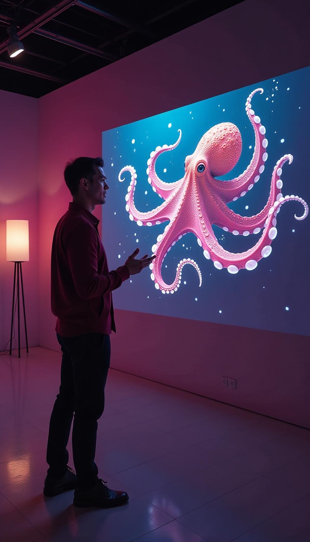  create a high quality, photorealistic image that vividly depicts the following scene: "fascinating scenario unfolds within a minimalist contemporary showroom, rendered in striking hues under carefully configured lights. the focal point is a charismatic presenter, his lively features and stunning eyes radiating enthusiasm as he engrossingly discusses the curious fact of an octopus possessing three hearts. behind him, a sophisticated 3d projector produces a precise, lifelike depiction of an octopus with its rhythmic, luminescent hearts. the lively dynamics between the presenter and the projected creature injects a sense of thrill and curiosity into the atmosphere. image captured through a canon eos r3 equipment, nikon optics, settings at hyperrealistic, full body, detailed clothing, highly detailed, cinematic lighting, stunningly beautiful, intricate, sharp focus, f/1. 8, 85mm, (centered image composition), (professionally color graded), ((bright soft diffused light)), volumetric fog, trending on instagram, trending on tumblr, HDR 4K, 8K