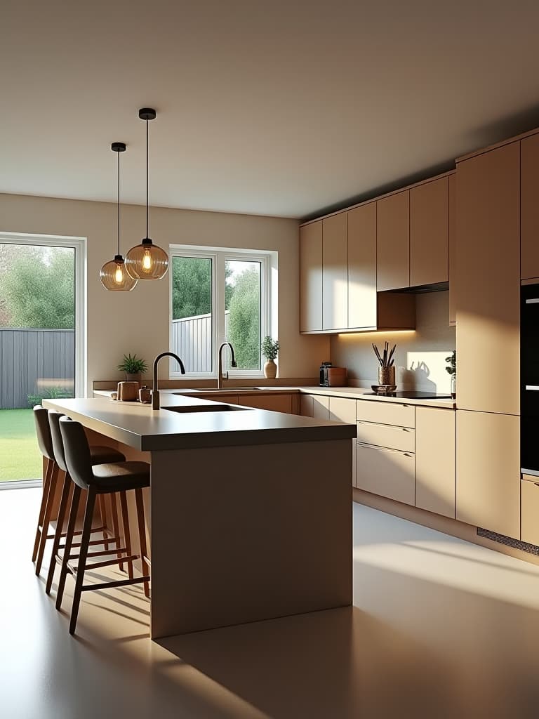  high quality portrait photo of a u shaped kitchen with a peninsula, featuring two tone cabinetry, a compact breakfast bar, hanging pendant lights, and a large window overlooking a garden hyperrealistic, full body, detailed clothing, highly detailed, cinematic lighting, stunningly beautiful, intricate, sharp focus, f/1. 8, 85mm, (centered image composition), (professionally color graded), ((bright soft diffused light)), volumetric fog, trending on instagram, trending on tumblr, HDR 4K, 8K