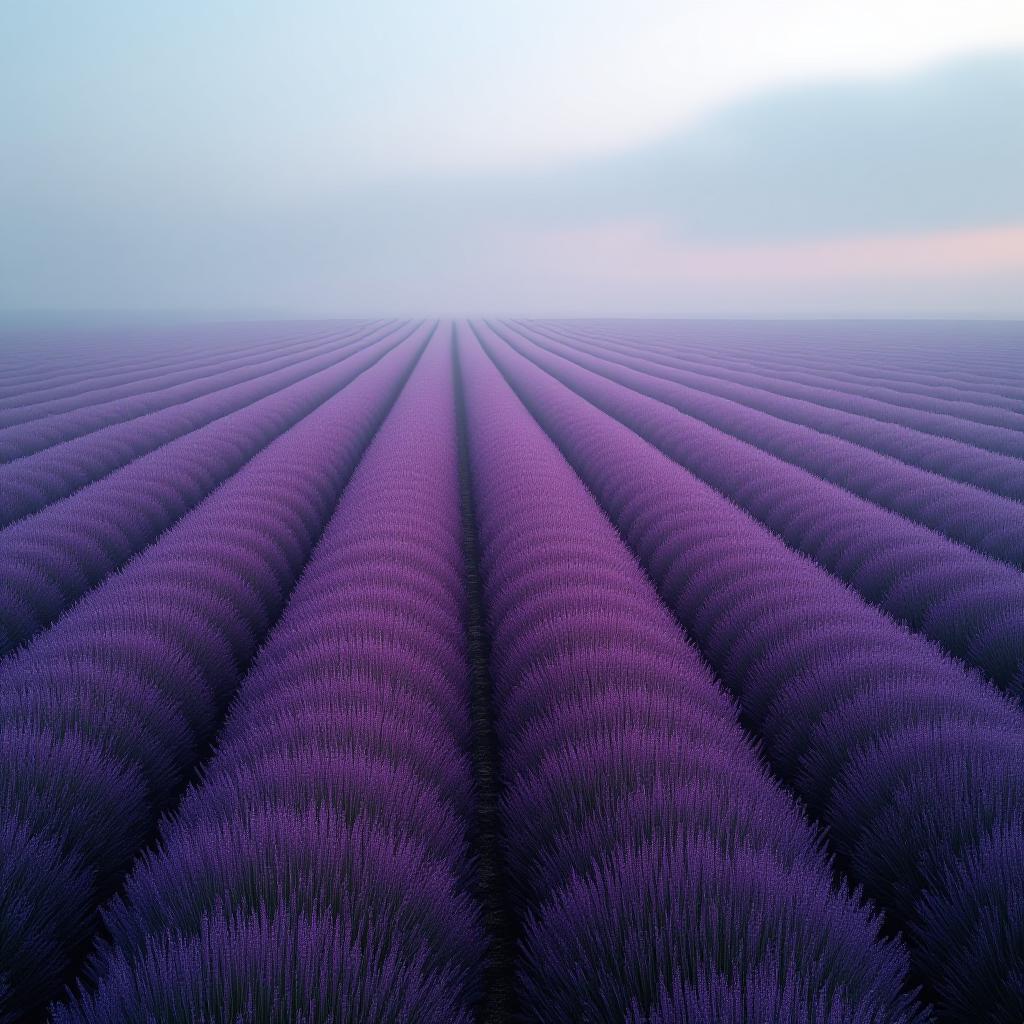  breathtaking a purple field stretching beyond the horizon a foggy cloudy morning gray clouds froze as if in a timelapse a light fog creeps along the bottom pale but clear colors and borders curvy horizon line landscape , high view frome above, angle view, 4k, artificial extremely high resolution details, photographic, epic realism pushed to extreme, fine texture, incredibly lifelike, complex background, uhd . award winning, professional, highly detailed