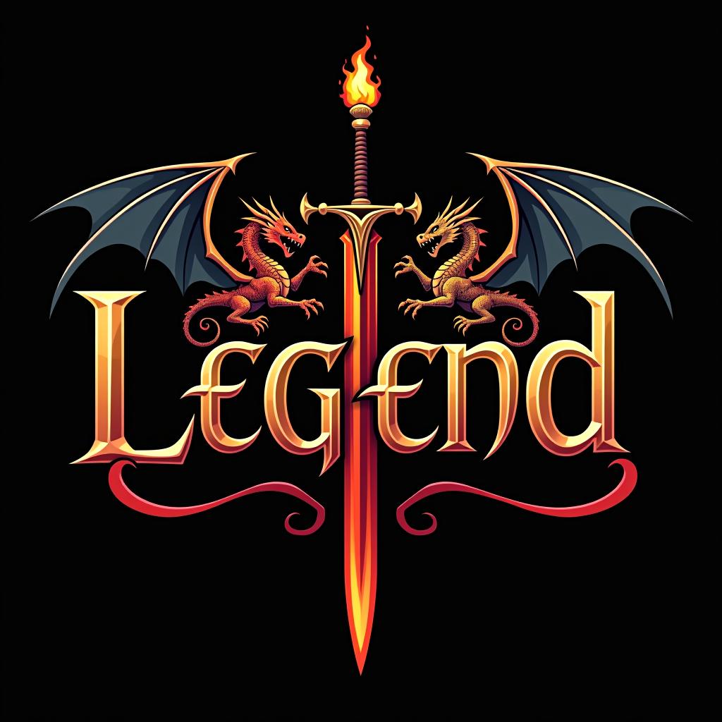  design a logo, custom sticker design on an isolated black background with the words ‘legend’ in bold font decorated by mythical dragons and a flaming sword