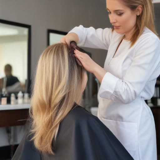 An image of a focused female hairstylist wearing a professional salon apron looking at a client's hair in (((a modern hair salon))) demonstrating safe color treatment and bleaching techniques to protect hair texture, under bright, natural light, detailed, realistic.