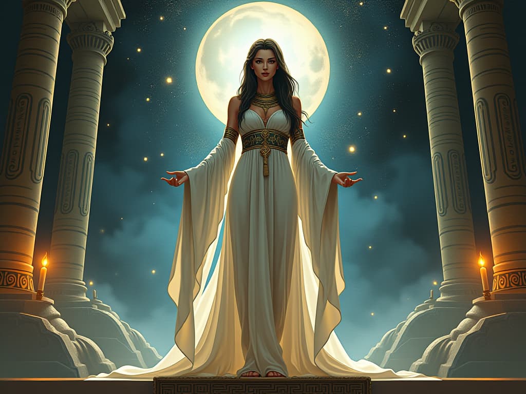  a priestess, large busted, in sheer white linen, standing on a ritual altar, celestial energies surrounding her, vessel for divine intervention. the style is digital art illustration / modern comic book / mysterious occult, symbolic, esoteric vibe,high detail on character design, incorporating ancient egyptian symbology and attire.