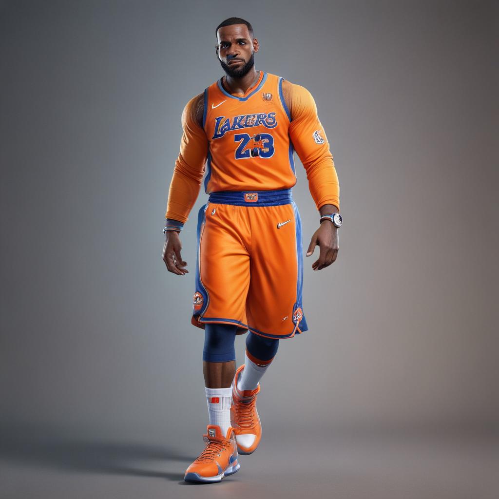 distance-shot, flashy, full-body, dynamic, holographic, animated cartoon poster of lebron james in the style of dragon ball super hyperrealistic, full body, detailed clothing, highly detailed, cinematic lighting, stunningly beautiful, intricate, sharp focus, f/1. 8, 85mm, (centered image composition), (professionally color graded), ((bright soft diffused light)), volumetric fog, trending on instagram, trending on tumblr, HDR 4K, 8K