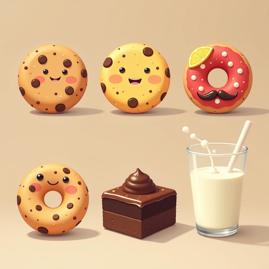  6 characters in total character 1: a round choco chip cookie character 2: a round full yellow cookie with a lemon slice as a hair clip only on yellow cookie. also no choco chips character 3: a round red cookie with white chocolate chips character 4: a donut without a hole filled with custard and has a mustache no hairclip character 5: a square chocolate brownie piece with chocolate ganache on top character 6: a glass of milk with milk splashing out characters to be in the following order: 2, 4, 3, 5, 6, 1 all characters have a small smile, mouth should not be open all characters have stick arms, high quality, high details, hd, perfect composition, 4k epic detailed, highly detailed, sharp focus, high resolution