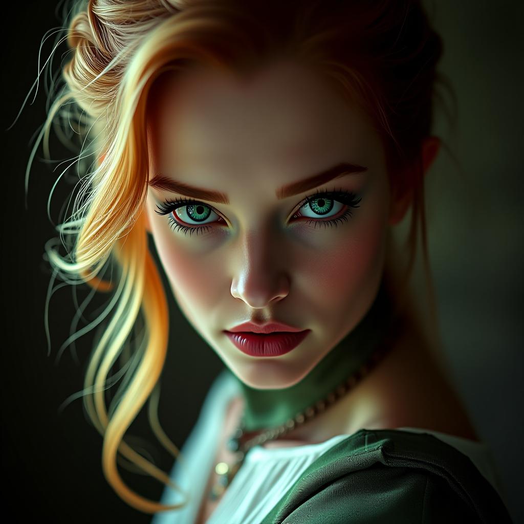  high quality portraiture capturing a bewitching lady with fierce green eyes and ethereal beauty representing the parody version of triss merigold from the witcher series. shot in soft lighting with a leica q2 and a 28mm f/1.7 lens, the focus should be on her expressive eyes and semi exposed physique. hyperrealistic, full body, detailed clothing, highly detailed, cinematic lighting, stunningly beautiful, intricate, sharp focus, f/1. 8, 85mm, (centered image composition), (professionally color graded), ((bright soft diffused light)), volumetric fog, trending on instagram, trending on tumblr, HDR 4K, 8K