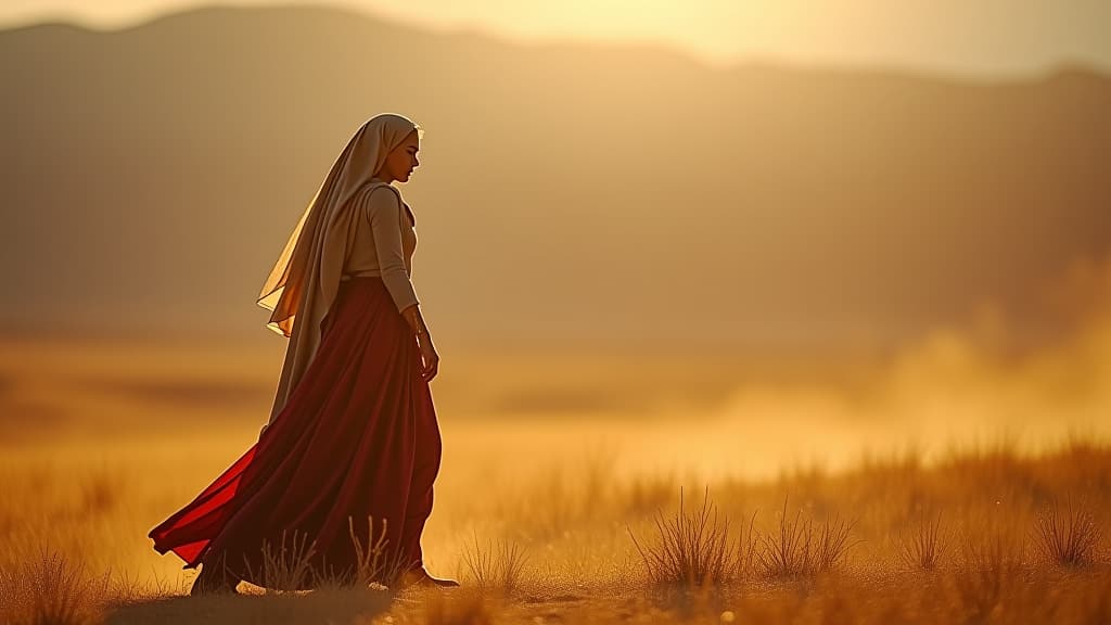  history of biblical times, hagar in the desert, realizing god's watchful presence as she receives guidance from the angel, reflecting a spiritual awakening. hyperrealistic, full body, detailed clothing, highly detailed, cinematic lighting, stunningly beautiful, intricate, sharp focus, f/1. 8, 85mm, (centered image composition), (professionally color graded), ((bright soft diffused light)), volumetric fog, trending on instagram, trending on tumblr, HDR 4K, 8K