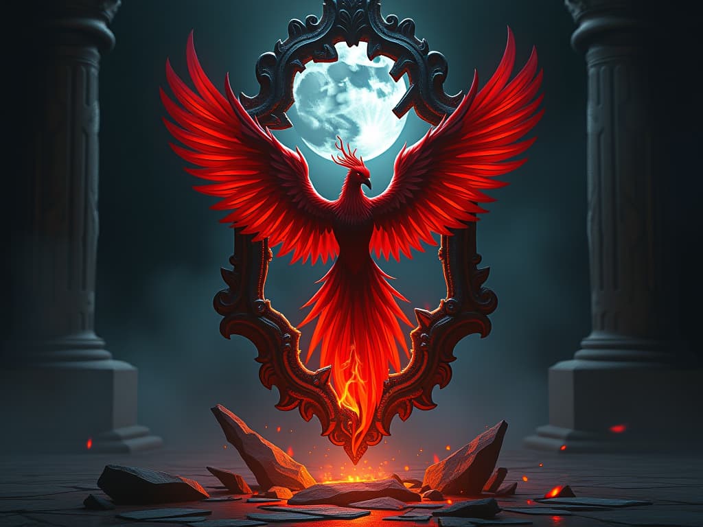  a phoenix emerging from a shattered mirror, ethereal flames licking at the edges. gothic ruins, moonlight highlighting the fragmented reflections, rebirth, dark empowerment.. the style is dark fantasy and mysterious occult, symbolic, moody lighting, esoteric vibe,high detail on character design. for the color scheme emphasize blacks and reds.