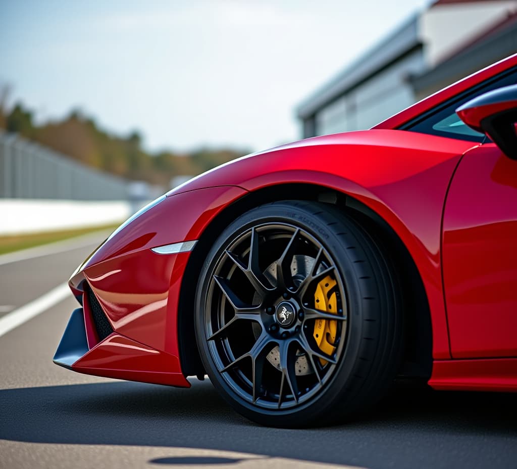  a red sports car with a black tire is parked on a racetrack