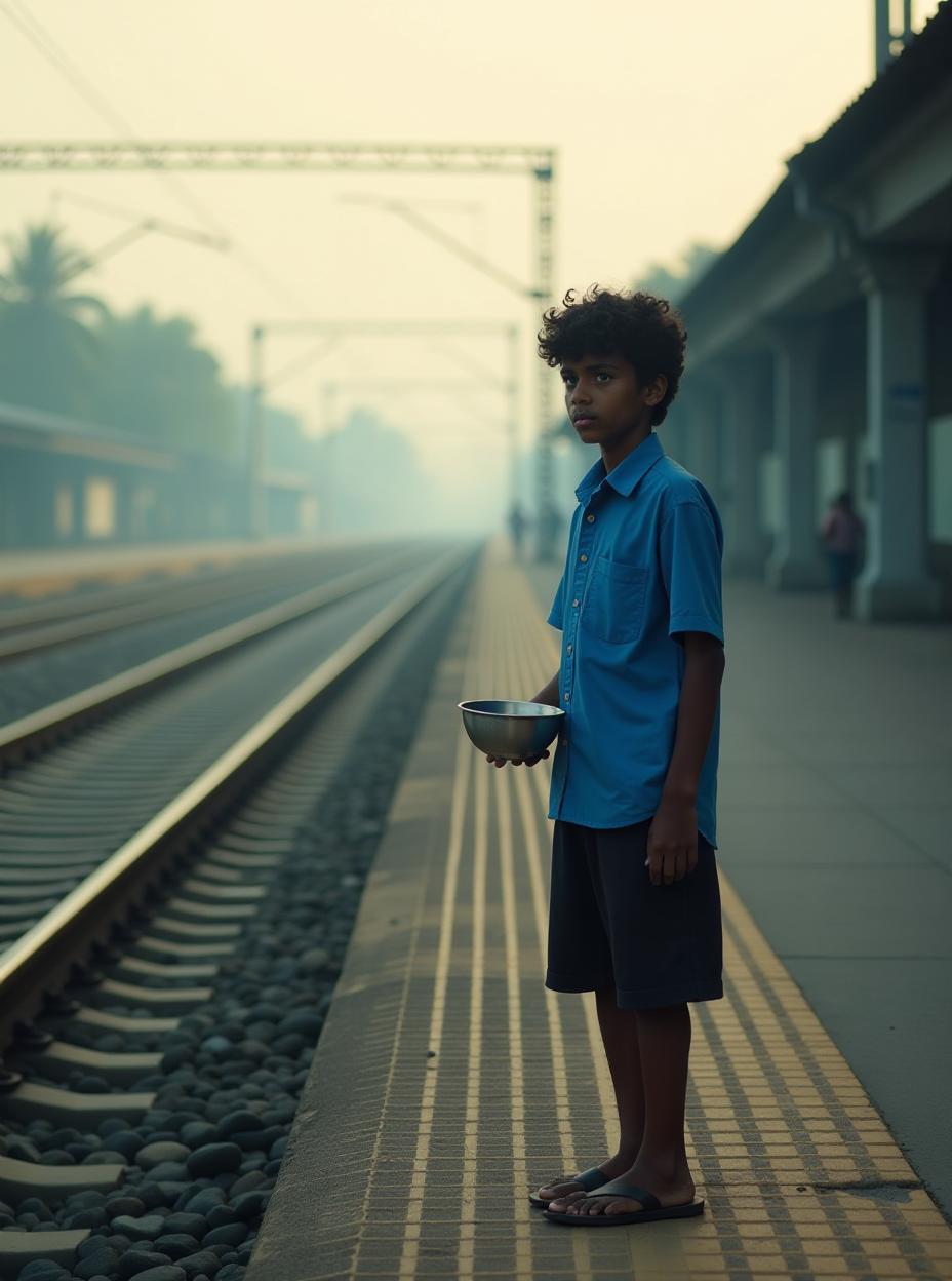  a scene from a emmy winner feature film called "hunger". location and scene: empty indian railway platform, chennai, early morning camera: medium shot from across the railway tract action: a small indian "arjunkumarwalia" with short curly hair, weaing blue shirt and black shorts is standing with a bowl waiting for the train, high quality, high details, hd, perfect composition, 4k epic detailed, highly detailed, sharp focus, high resolution