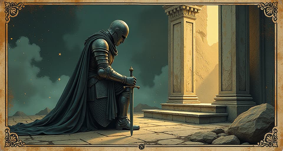  a knight kneeling before an altar, sword laid down, symbol of service, dedication, devotion. an illustration in the style of a worn, mystical old tarot trump card, mysterious and elements of surrealism. the colors are muted, somber and eerie, but with contrast bring out an occult and esoteric vibe.