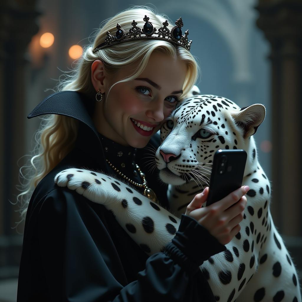  gothic style beautiful girl, blonde, vampire, beautiful smile, in a beautiful outfit of jewelry, in a tiara. hugs a white leopard, takes a picture of himself on his phone, night, dracula's castle. . dark, mysterious, haunting, dramatic, ornate, detailed