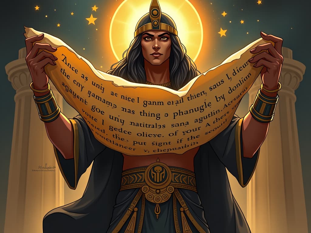  ancient scrolls unfurling, golden runes glowing, mystical verses, aura of profound wisdom and enigma. the style is digital art illustration / modern comic book / mysterious occult, symbolic, esoteric vibe,high detail on character design, incorporating ancient egyptian symbology and attire.