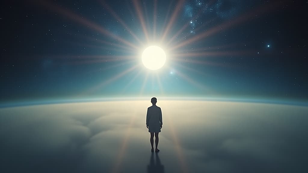  a surreal scene showing light from the sun traveling through space, illustrating time and distance in a cosmic journey. hyperrealistic, full body, detailed clothing, highly detailed, cinematic lighting, stunningly beautiful, intricate, sharp focus, f/1. 8, 85mm, (centered image composition), (professionally color graded), ((bright soft diffused light)), volumetric fog, trending on instagram, trending on tumblr, HDR 4K, 8K