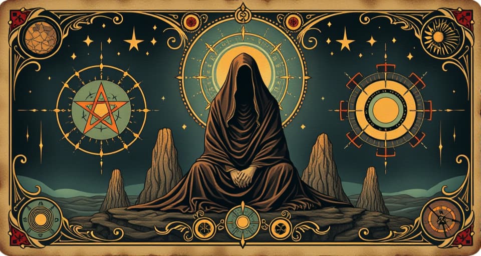  deliberately placed symbols hidden in modern designs, echoing ancient truths, mystical, haunting. an illustration in the style of a worn, mystical old tarot trump card, mysterious and elements of surrealism. the colors are muted, somber and eerie, but with contrast bring out an occult and esoteric vibe.