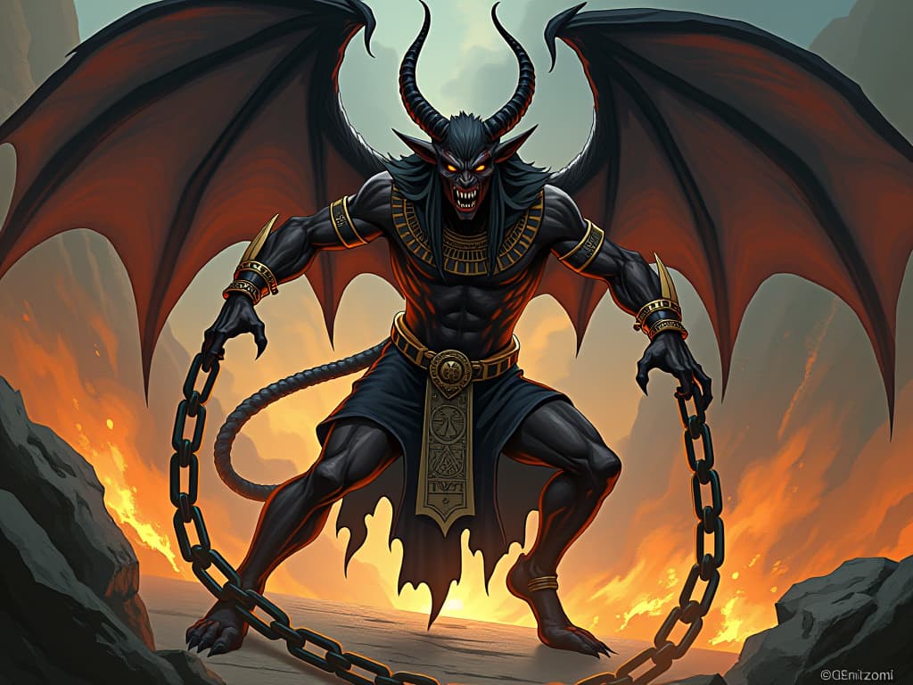  chained demon breaking free, symbolic of overcoming challenges, forceful and intense. the style is digital art illustration / modern comic book / mysterious occult, symbolic, esoteric vibe,high detail on character design, incorporating ancient egyptian symbology and attire.