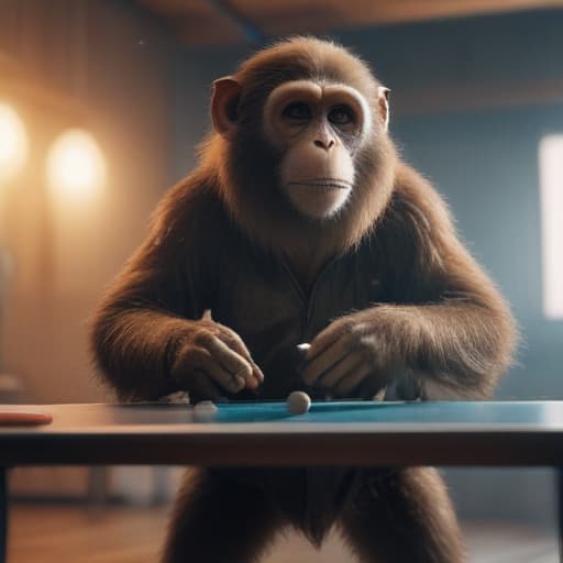 monkey is playing pingpong hyperrealistic, full body, detailed clothing, highly detailed, cinematic lighting, stunningly beautiful, intricate, sharp focus, f/1. 8, 85mm, (centered image composition), (professionally color graded), ((bright soft diffused light)), volumetric fog, trending on instagram, trending on tumblr, HDR 4K, 8K