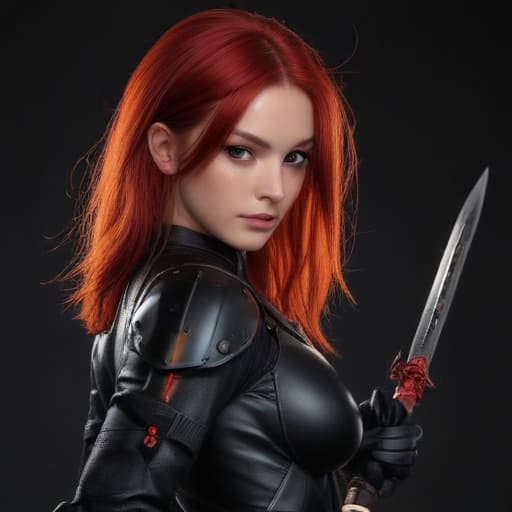 1girl, solo, long hair, breasts, looking at viewer, red eyes, holding, hair between eyes, medium breasts, weapon, red hair, sword, holding weapon, two side up, gradient, gradient background, bodysuit, underboob, headgear, holding sword, black background, dual wielding