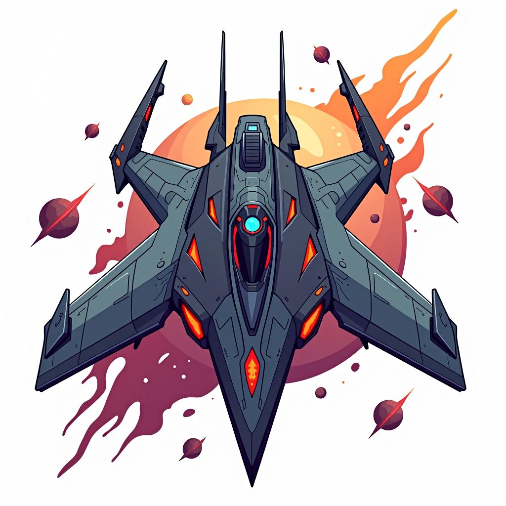  white background. top down view: a simple vector graphic showing a hyper realistic battle spaceship designed with elements inspired by a mysterious alien planet. the spaceship features glowing areas, floating fragments, and a sleek, dangerous design, with sharp angles and menacing details. the overall look should be dynamic and otherworldly, incorporating split elements that enhance its intimidating presence. realistic cartoon.