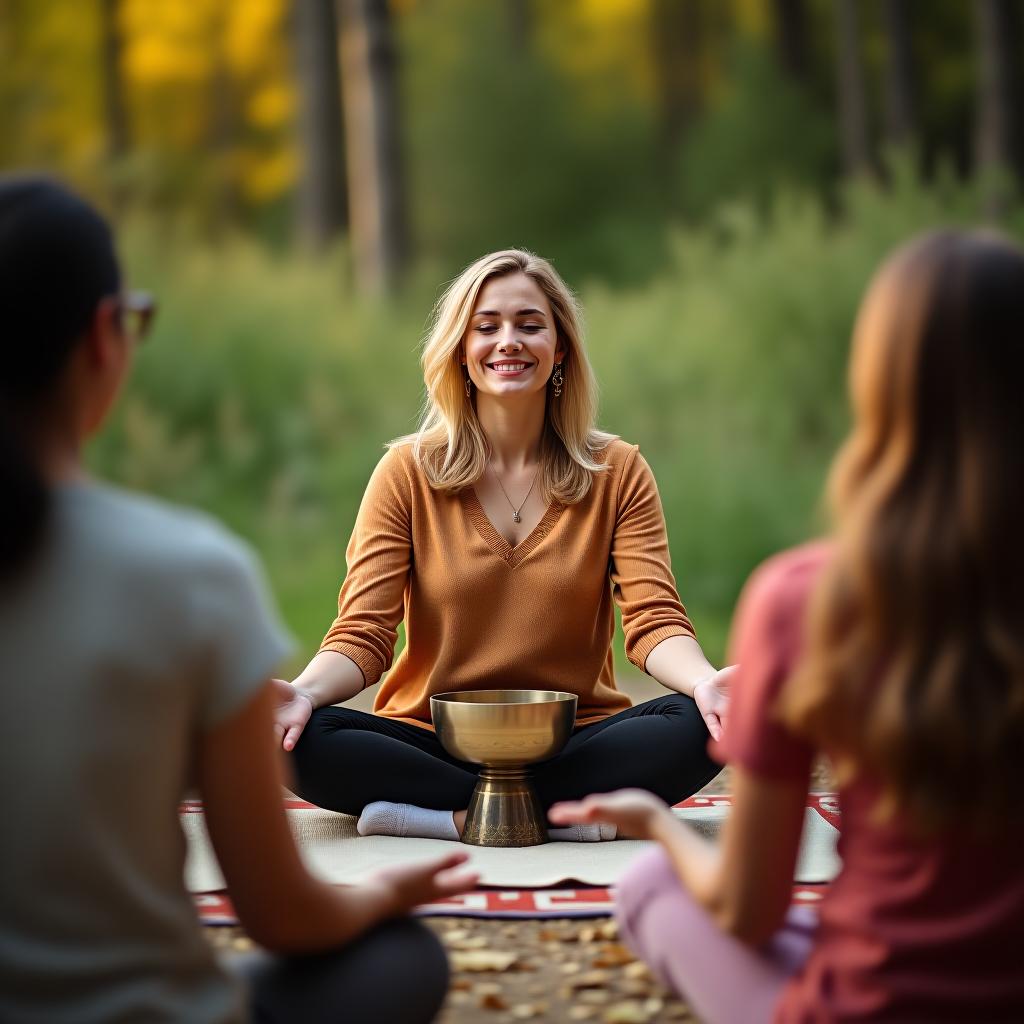  a woman in a clearing is conducting a singing bowl meditation for other women.