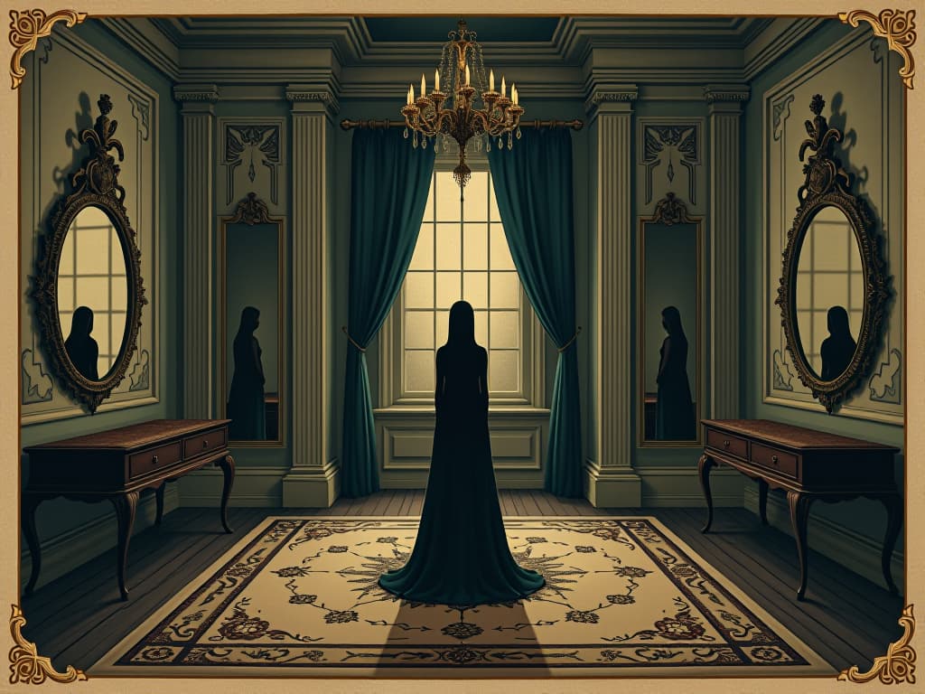  room with mirrors placed strategically, balance and harmony emphasized, calm and orderly atmosphere. an illustration in the style of a worn, mystical old tarot trump card, mysterious and elements of surrealism. the colors are muted, somber and eerie, but with contrast bring out an occult and esoteric vibe.