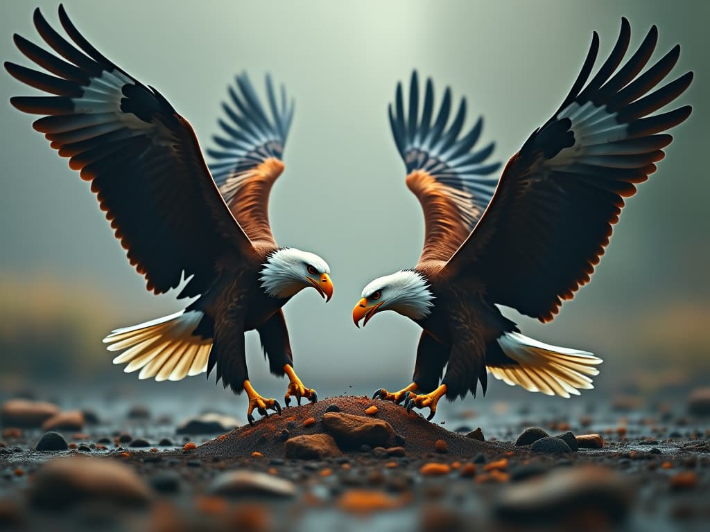  few eagles fighting for the food hyperrealistic, full body, detailed clothing, highly detailed, cinematic lighting, stunningly beautiful, intricate, sharp focus, f/1. 8, 85mm, (centered image composition), (professionally color graded), ((bright soft diffused light)), volumetric fog, trending on instagram, trending on tumblr, HDR 4K, 8K