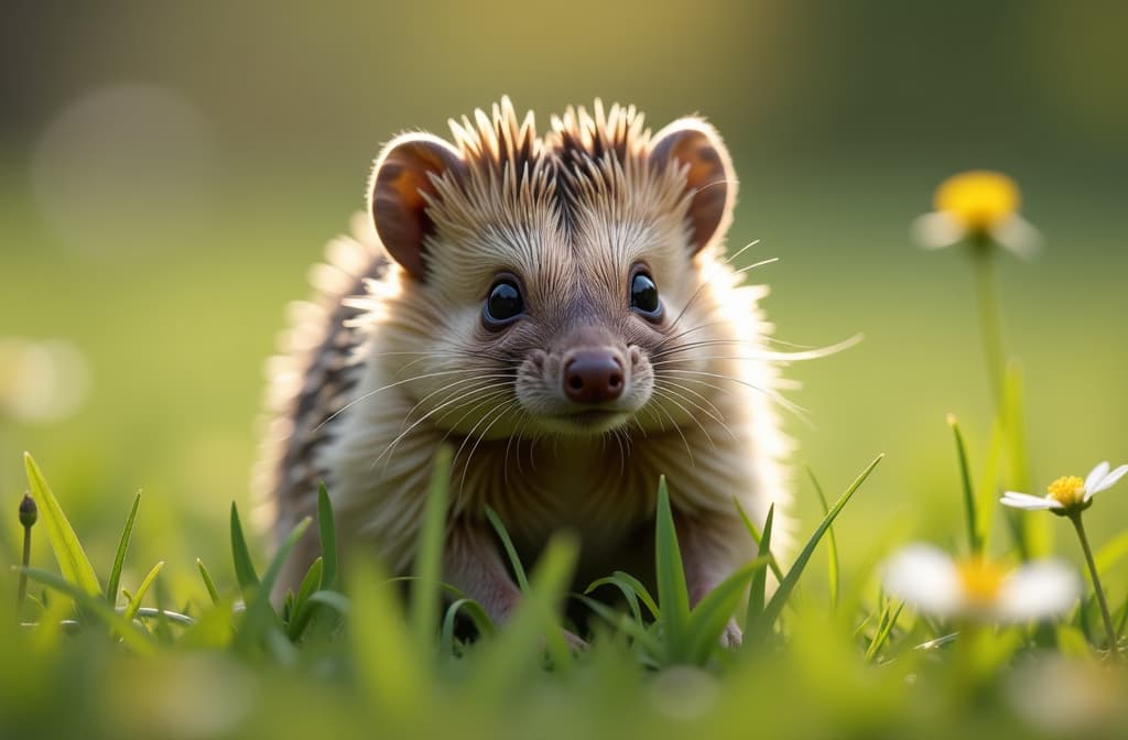  nature photography, cute hedgehog, spring meadow, soft focus, blurred background , realistic, portrait, art by donato giancola and greg rutkowski, realistic face, digital art, trending on artstation hyperrealistic, full body, detailed clothing, highly detailed, cinematic lighting, stunningly beautiful, intricate, sharp focus, f/1. 8, 85mm, (centered image composition), (professionally color graded), ((bright soft diffused light)), volumetric fog, trending on instagram, trending on tumblr, HDR 4K, 8K