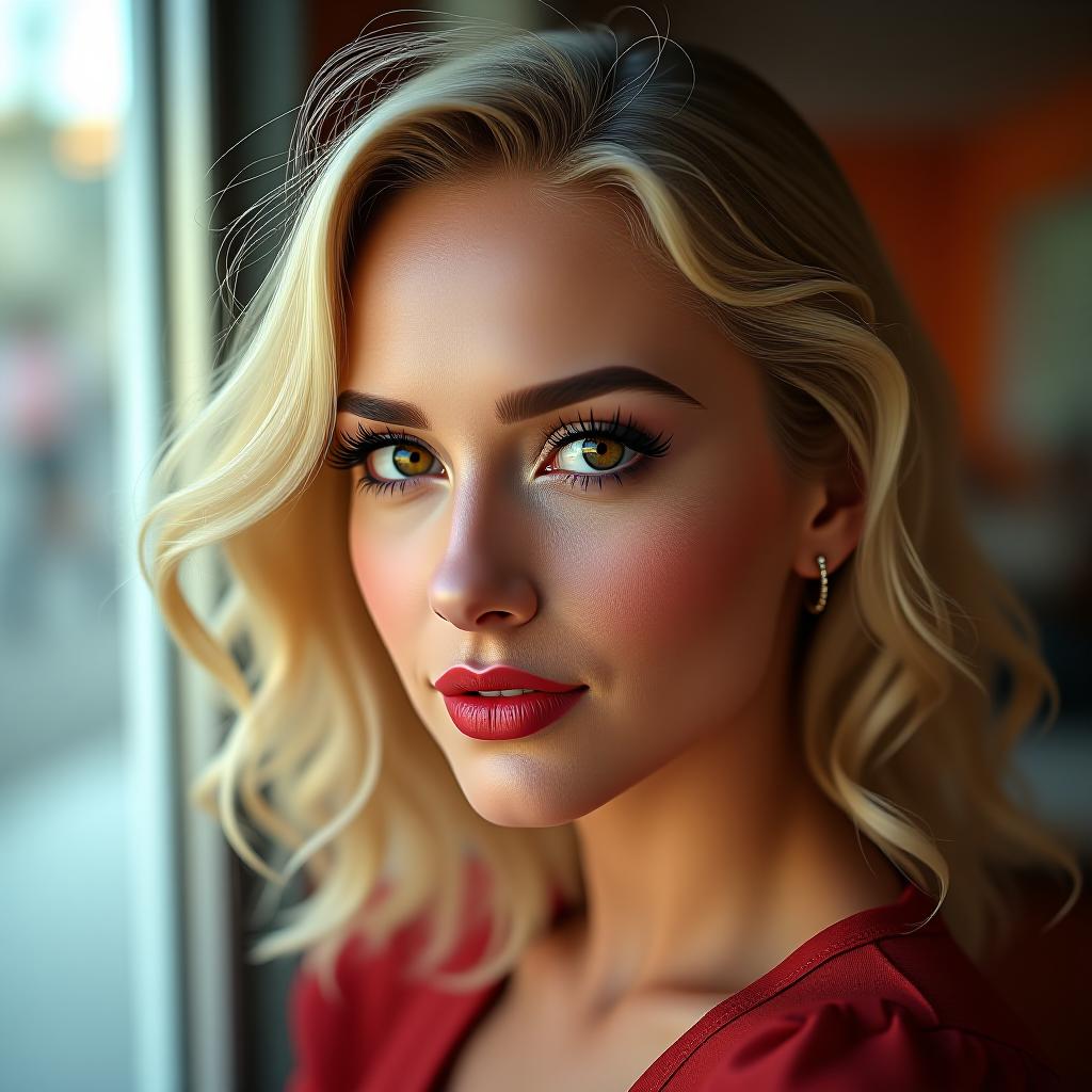  make an image of woman with blonde hair and brown eyes and red lipstick wearing y2k outfit