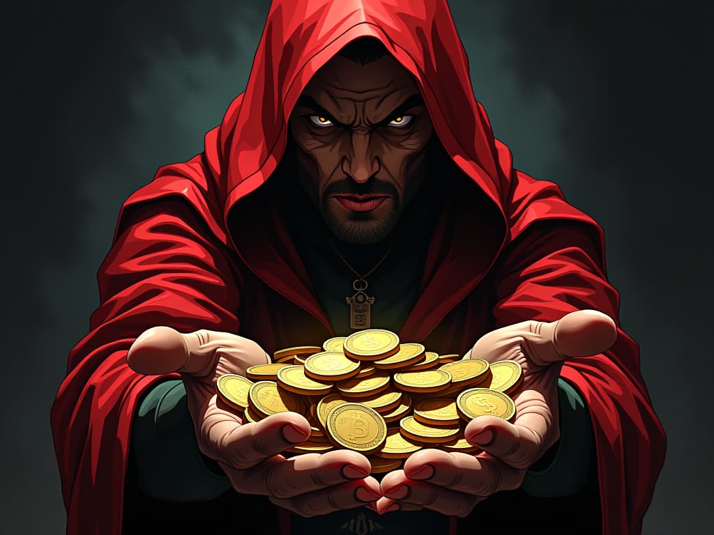  family member cloaked in red, extending a pile of golden coins, expectant gaze, air of subtle pressure. the style is digital art illustration / modern comic book / graphic dark novel fantasy and mysterious occult, symbolic, moody lighting, esoteric vibe,high detail on character design. for the color scheme emphasize blacks and reds.