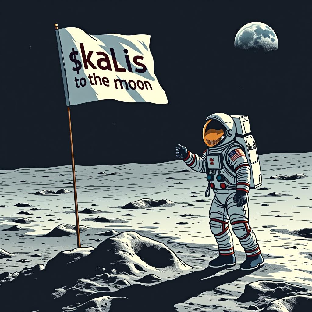  an astronaut standing on the moon's surface holding a flag. the flag is fluttering lightly as the astronaut plants it into the lunar ground. the phrase '$kalis to the moon' is clearly visible on the flag in bold, capitalized and futuristic font. the background features a starry sky and a distant view of earth, with lunar dust and craters underfoot. the astronaut is in a modern spacesuit, with reflections of the moon’s surface in the visor."