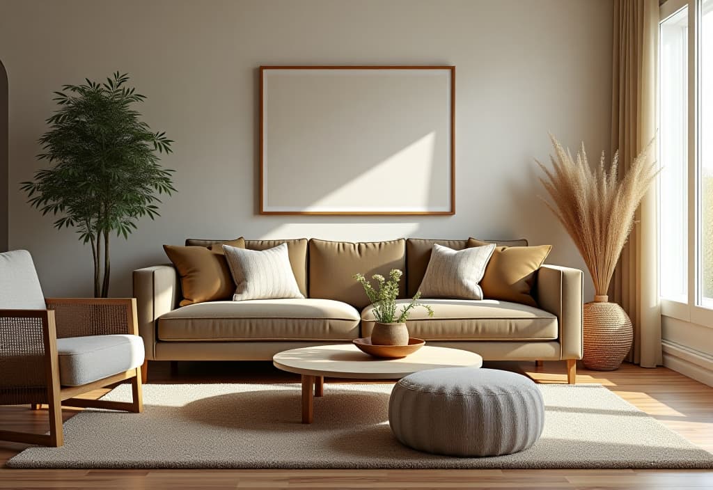  a landscape photo of a living room showcasing a mix of textures, with a plush velvet sofa, woven rattan accents, and a soft shag rug, all in a harmonious neutral color palette hyperrealistic, full body, detailed clothing, highly detailed, cinematic lighting, stunningly beautiful, intricate, sharp focus, f/1. 8, 85mm, (centered image composition), (professionally color graded), ((bright soft diffused light)), volumetric fog, trending on instagram, trending on tumblr, HDR 4K, 8K