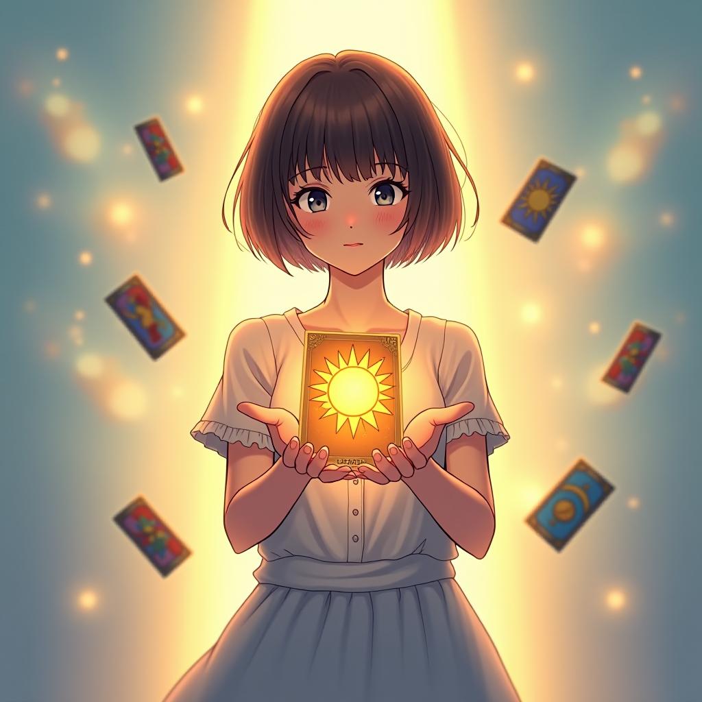  a girl with short hair stands against a beautiful light background, and the lights in her hands clearly reveal the sun card from the tarot deck, while the other cards scatter around.